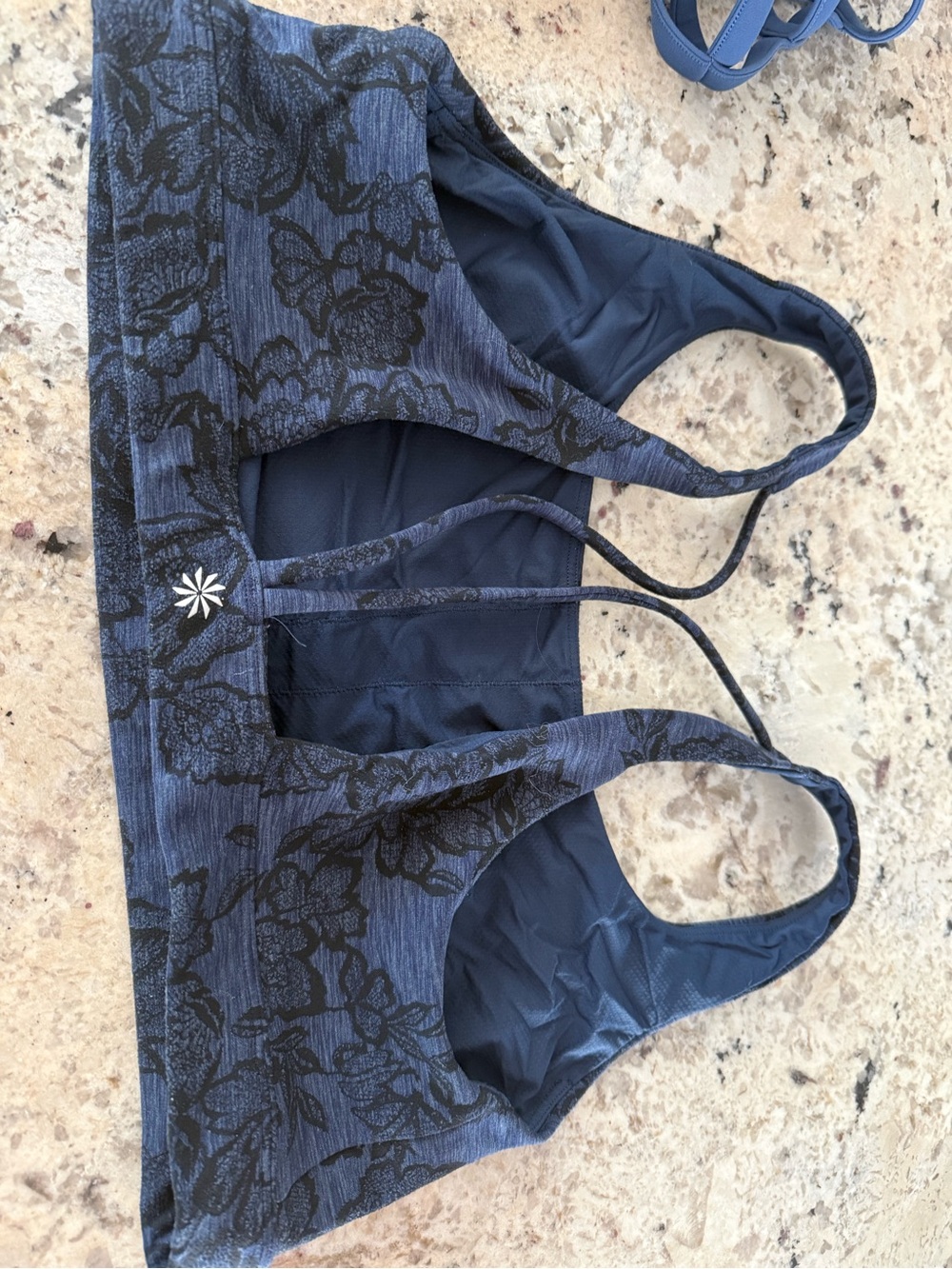 Athleta Navy Blue and Black Floral-Print Sports Bra